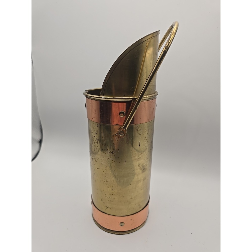 Vintage Copper Brass Coal Ash Scuttle Bucket Scoop Long Match Holder Patina